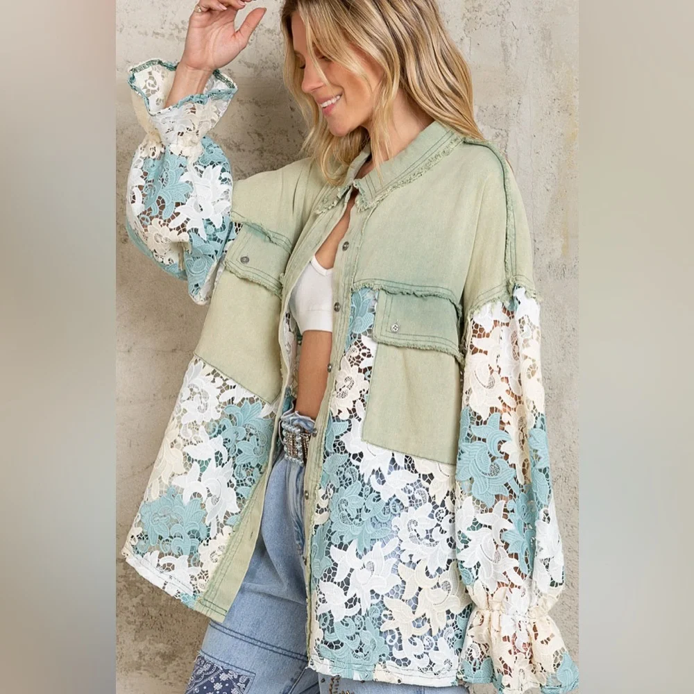 #30 New! Pol Gorgeous Sage Lace Shacket with detailed ruffled sleeves - Picture 1 of 6